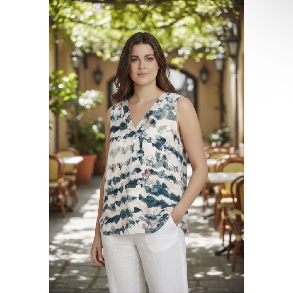 CAbi Gelato Watercolor Print Chiffon Sleeveless Tunic/Blouse in Green/Blue SMALL - Picture 6 of 6